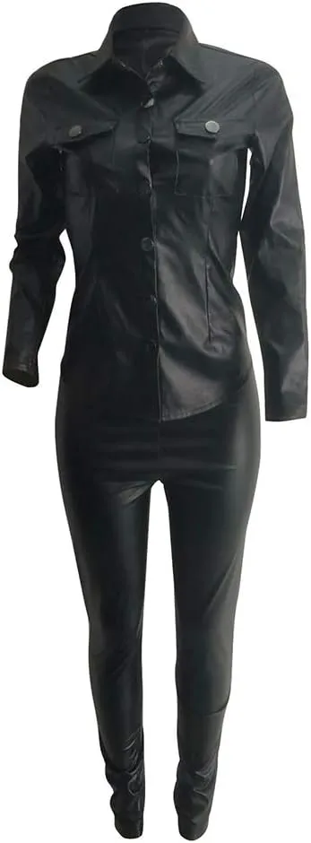 Women 2 Piece Outfits PU Leather Long Sleeve Jacket Top and Bodycon Pants Suits