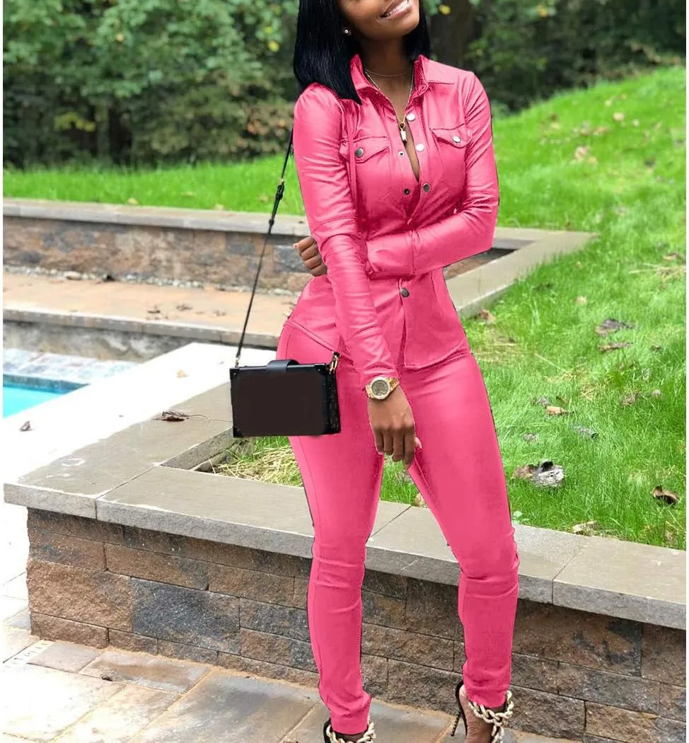 Women 2 Piece Outfits PU Leather Long Sleeve Jacket Top and Bodycon Pants Suits