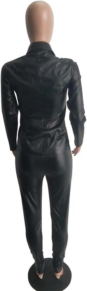 Women 2 Piece Outfits PU Leather Long Sleeve Jacket Top and Bodycon Pants Suits