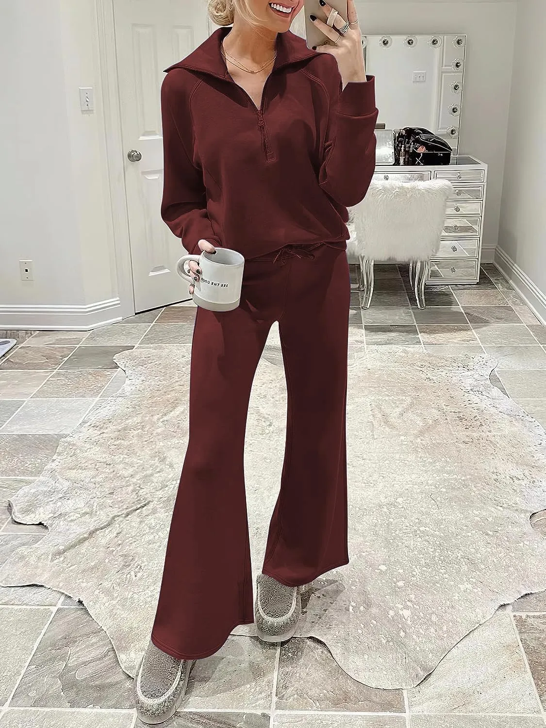 Women 2 Piece Outfits Sweatsuit Set Oversized Half Zip Sweatshirt Wide Leg Sweatpant Lounge Matching Set Tracksuit