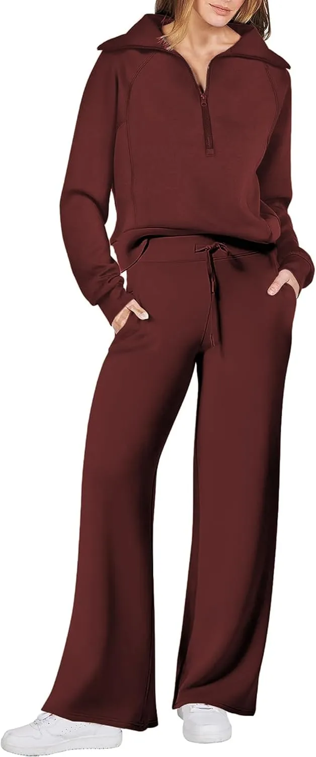 Women 2 Piece Outfits Sweatsuit Set Oversized Half Zip Sweatshirt Wide Leg Sweatpant Lounge Matching Set Tracksuit
