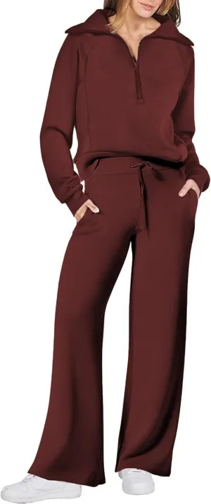 Women 2 Piece Outfits Sweatsuit Set Oversized Half Zip Sweatshirt Wide Leg Sweatpant Lounge Matching Set Tracksuit