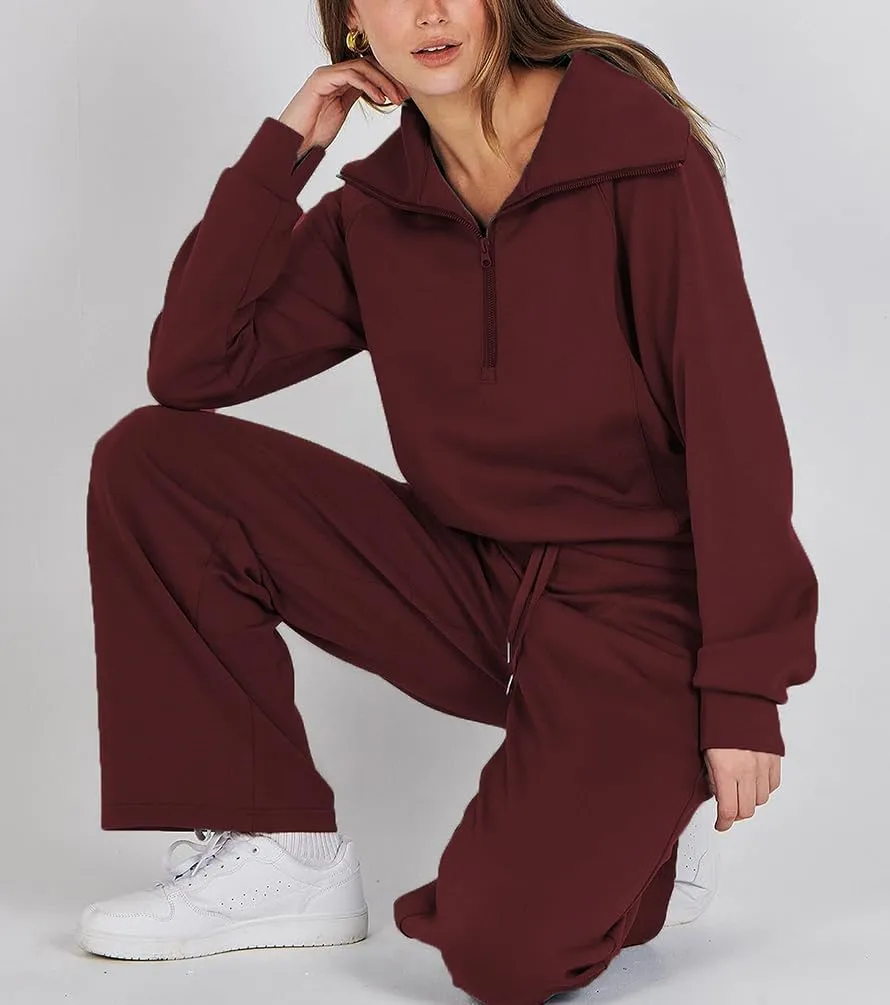 Women 2 Piece Outfits Sweatsuit Set Oversized Half Zip Sweatshirt Wide Leg Sweatpant Lounge Matching Set Tracksuit