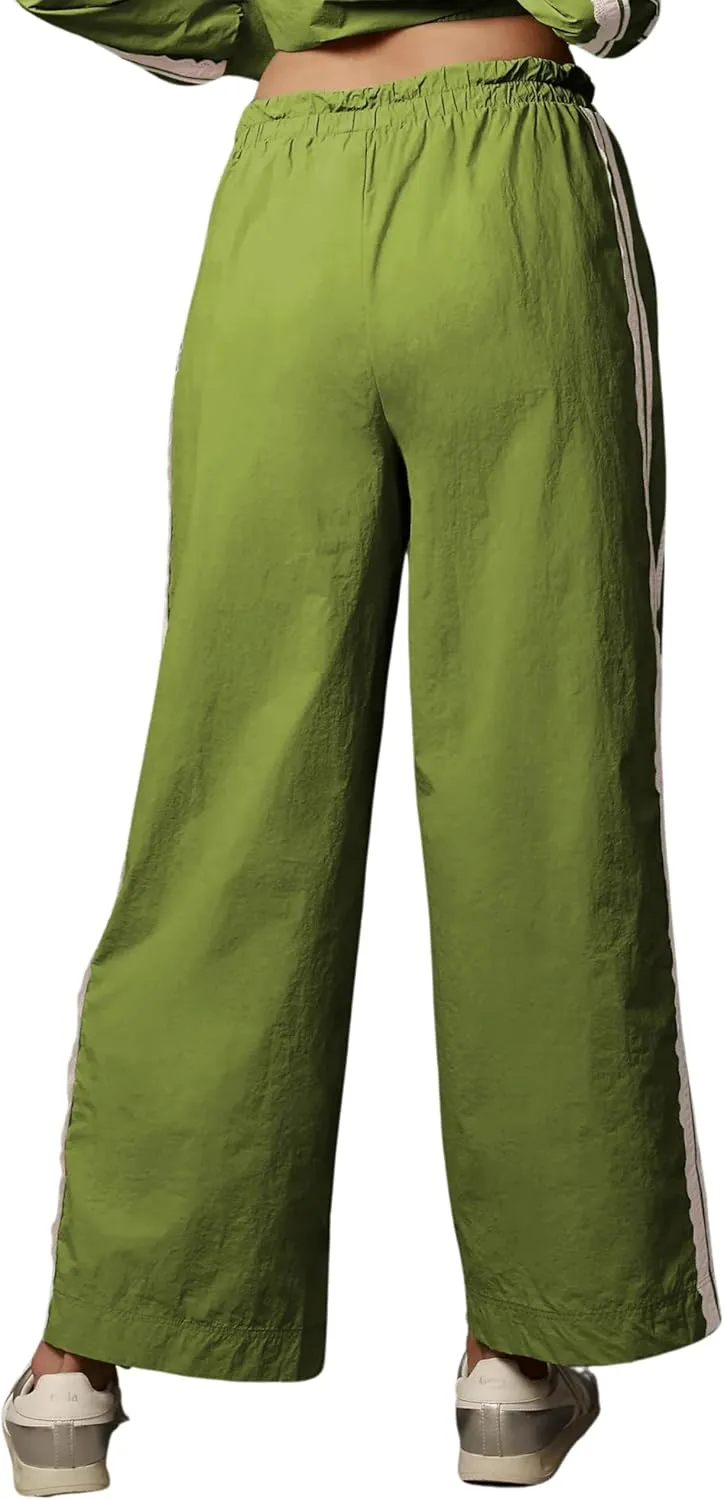 Women Baggy Track Pants Lace Side Stripe Drawstring Elastic Waist Wide Leg Parachute Pants with Pockets