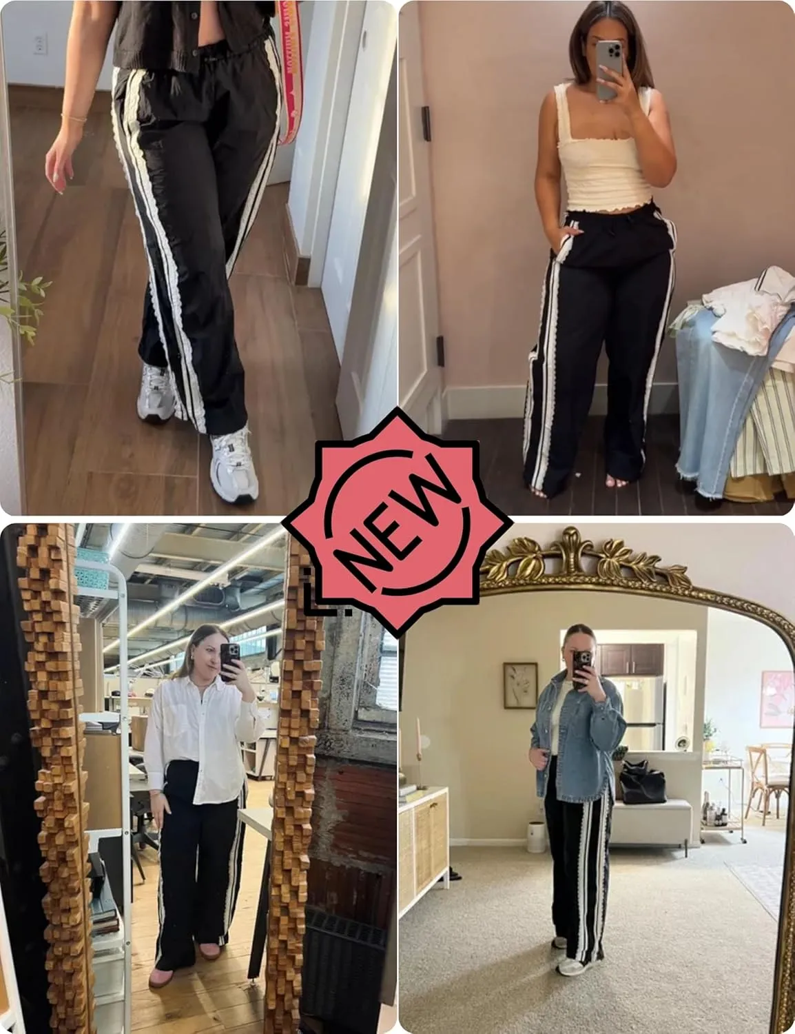 Women Baggy Track Pants Lace Side Stripe Drawstring Elastic Waist Wide Leg Parachute Pants with Pockets