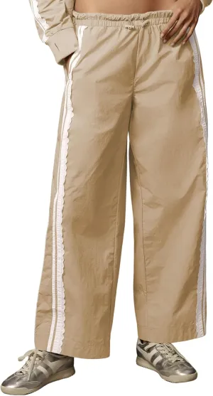 Women Baggy Track Pants Lace Side Stripe Drawstring Elastic Waist Wide Leg Parachute Pants with Pockets