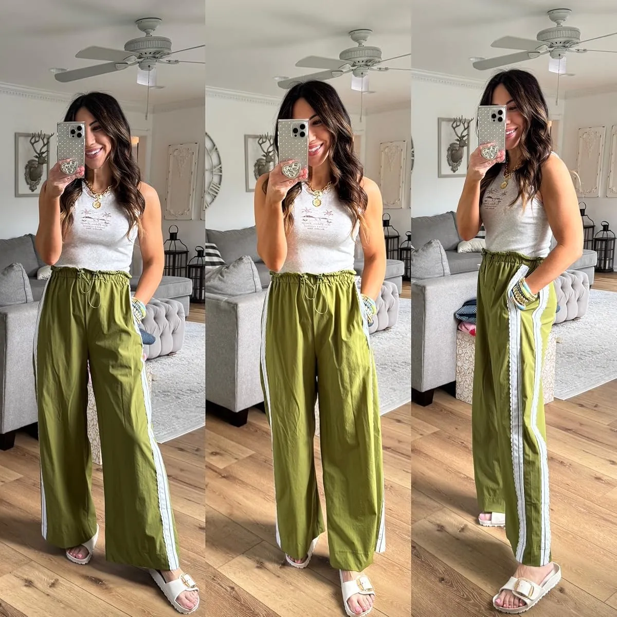 Women Baggy Track Pants Lace Side Stripe Drawstring Elastic Waist Wide Leg Parachute Pants with Pockets