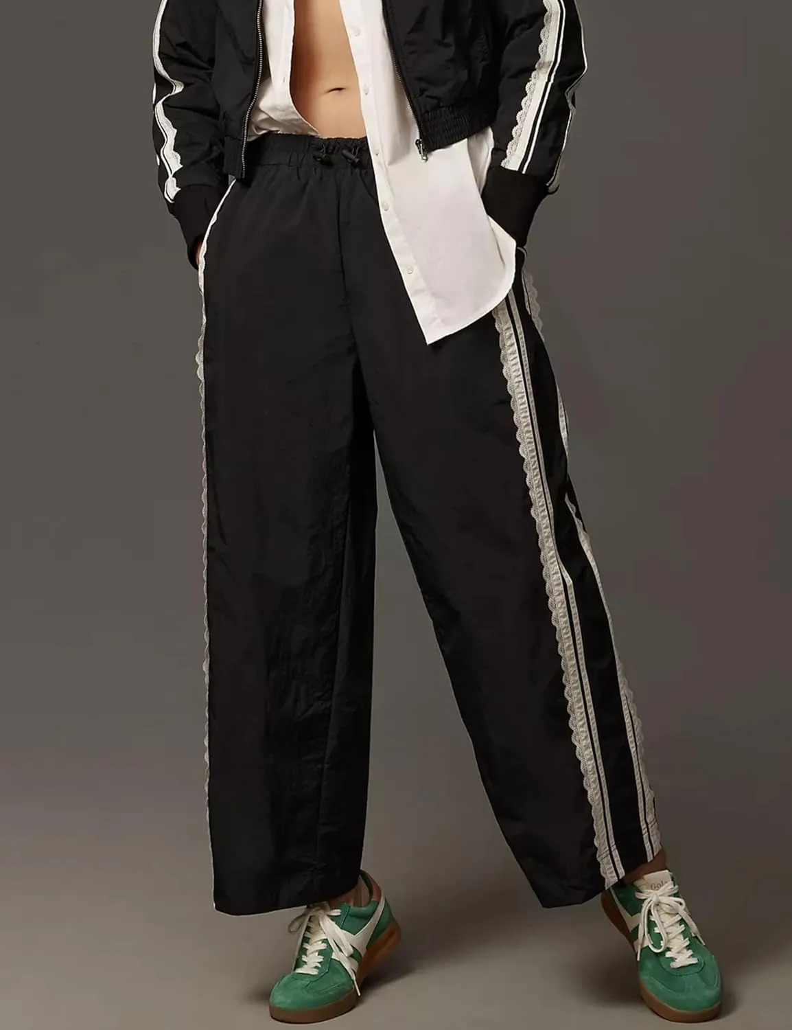 Women Baggy Track Pants Lace Side Stripe Drawstring Elastic Waist Wide Leg Parachute Pants with Pockets