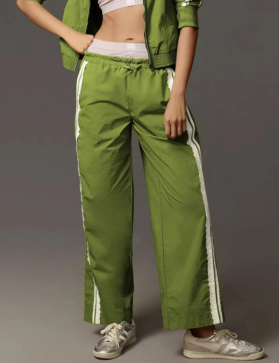 Women Baggy Track Pants Lace Side Stripe Drawstring Elastic Waist Wide Leg Parachute Pants with Pockets