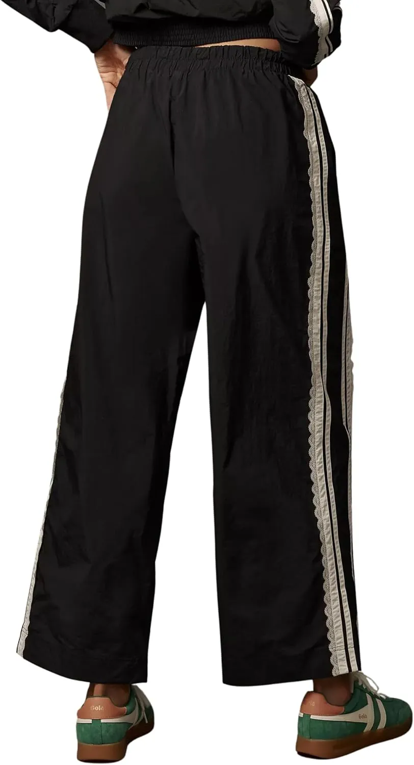 Women Baggy Track Pants Lace Side Stripe Drawstring Elastic Waist Wide Leg Parachute Pants with Pockets