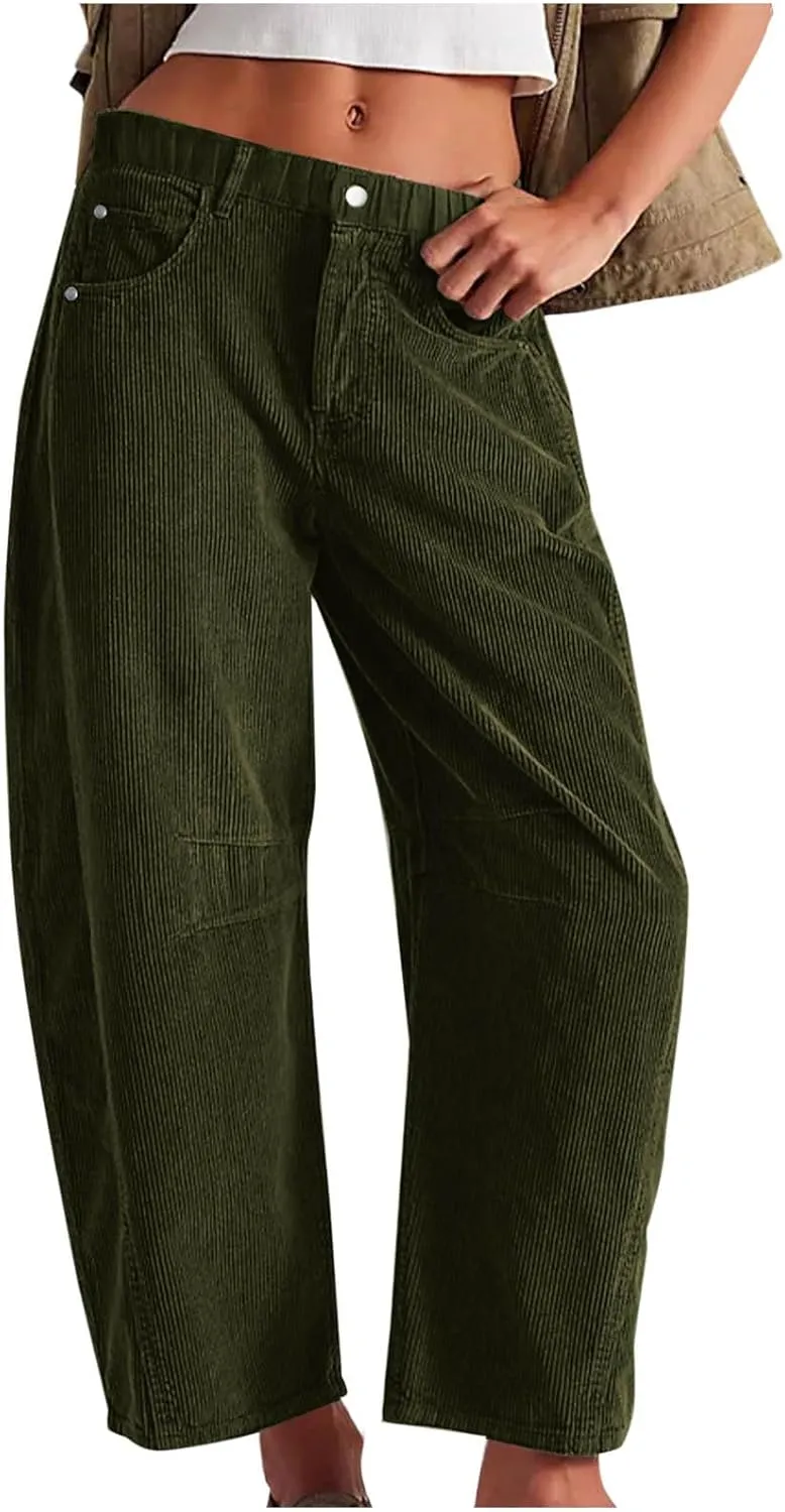 Women Corduroy Pants Barrel Mid-Rise Elastic Waist Slack Trousers Casual Wide Leg Palazzo Pant with Pockets