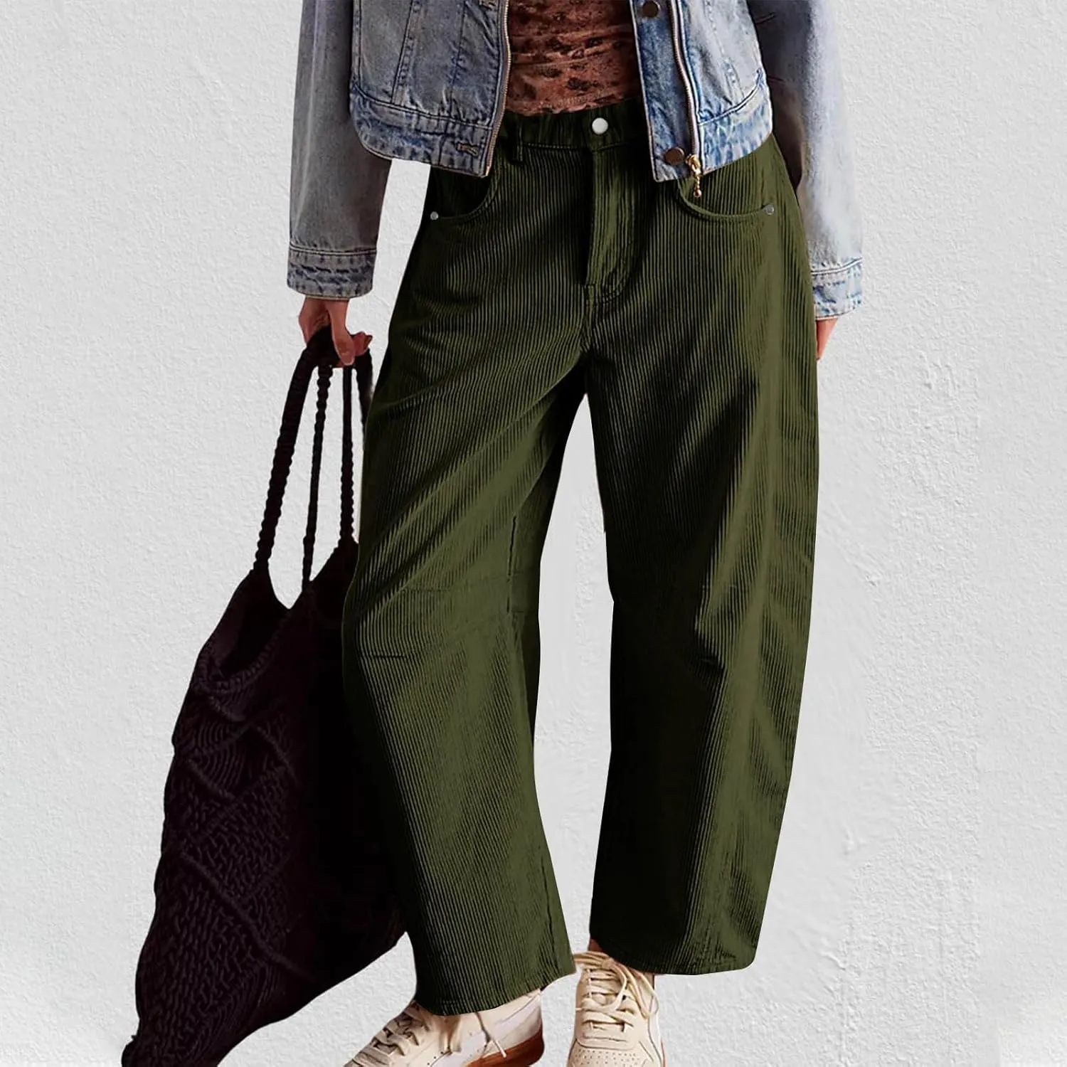 Women Corduroy Pants Barrel Mid-Rise Elastic Waist Slack Trousers Casual Wide Leg Palazzo Pant with Pockets