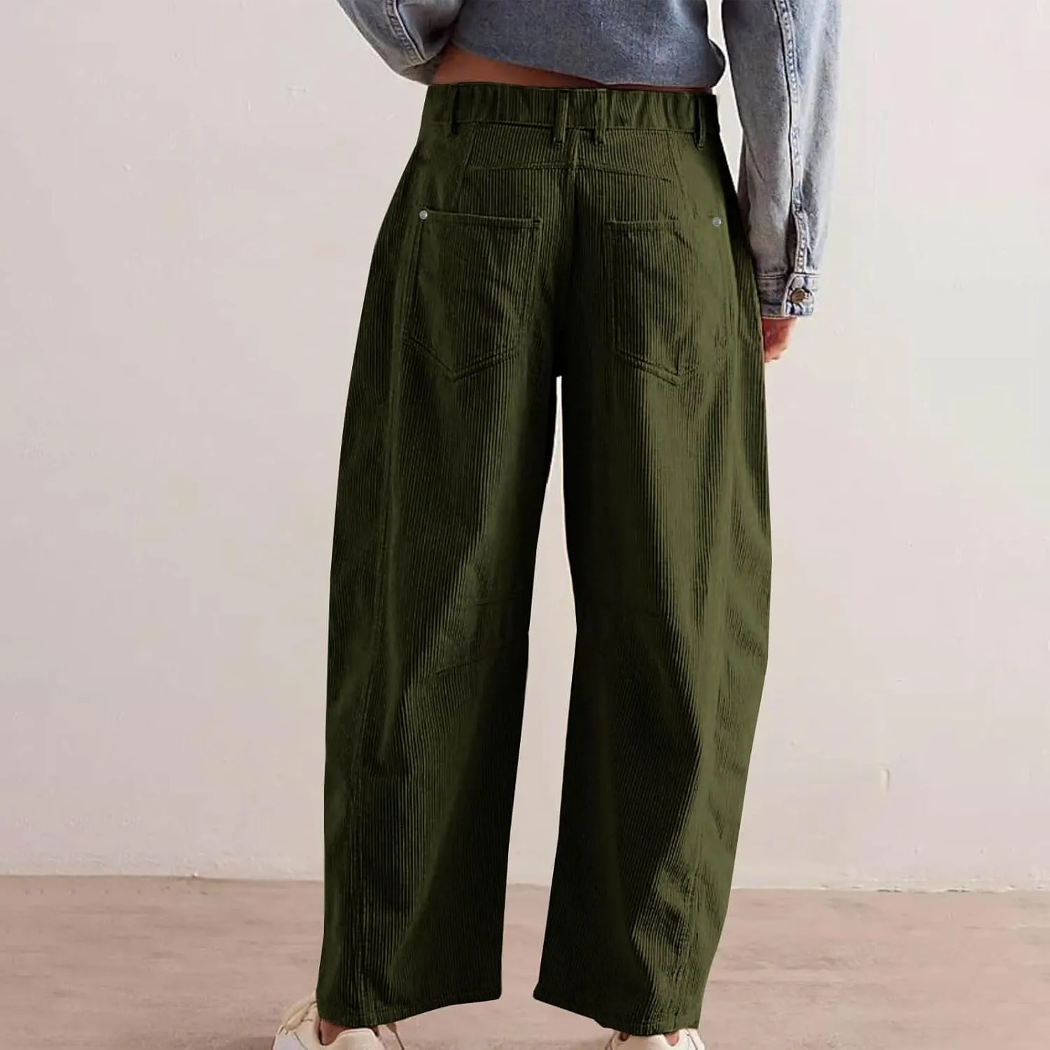 Women Corduroy Pants Barrel Mid-Rise Elastic Waist Slack Trousers Casual Wide Leg Palazzo Pant with Pockets