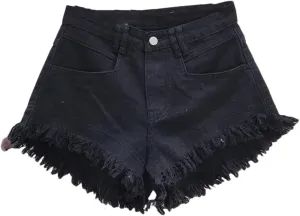 Women Denim Hot Pants Summer All-Match Ins Fashion Wide-Leg Ripped Tassel Shorts