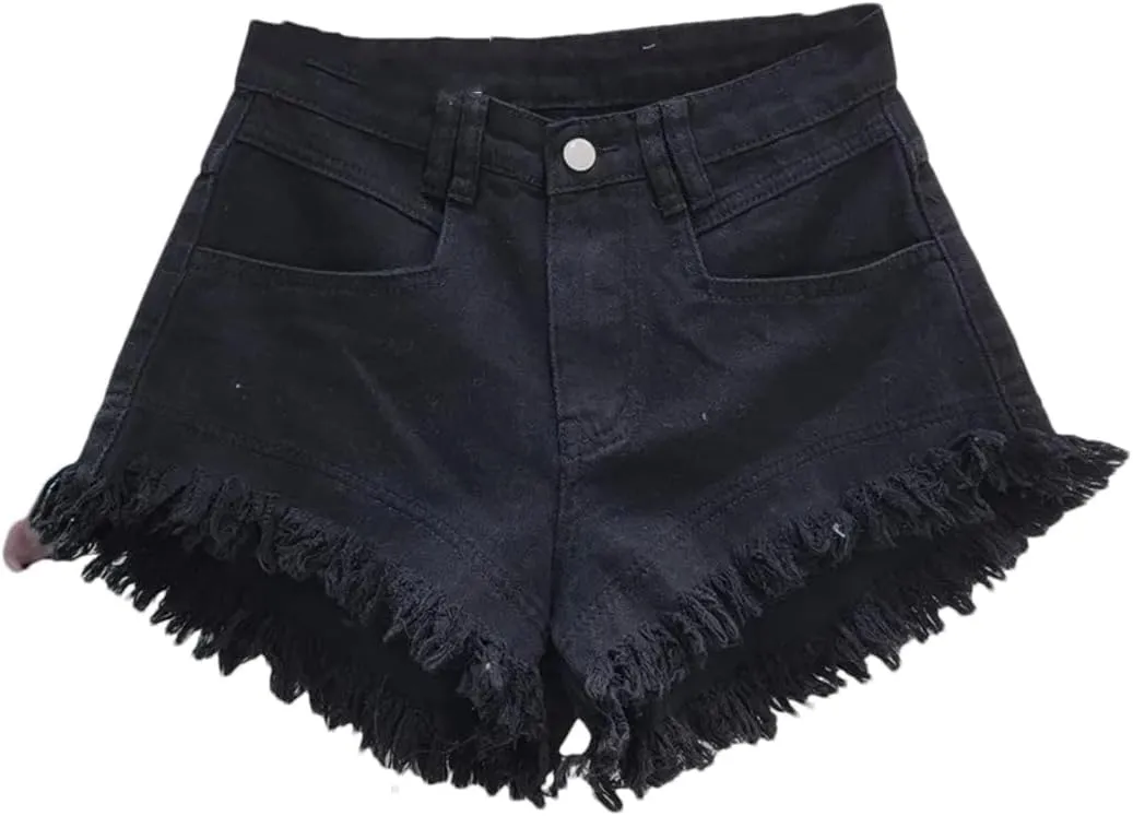Women Denim Hot Pants Summer All-Match Ins Fashion Wide-Leg Ripped Tassel Shorts