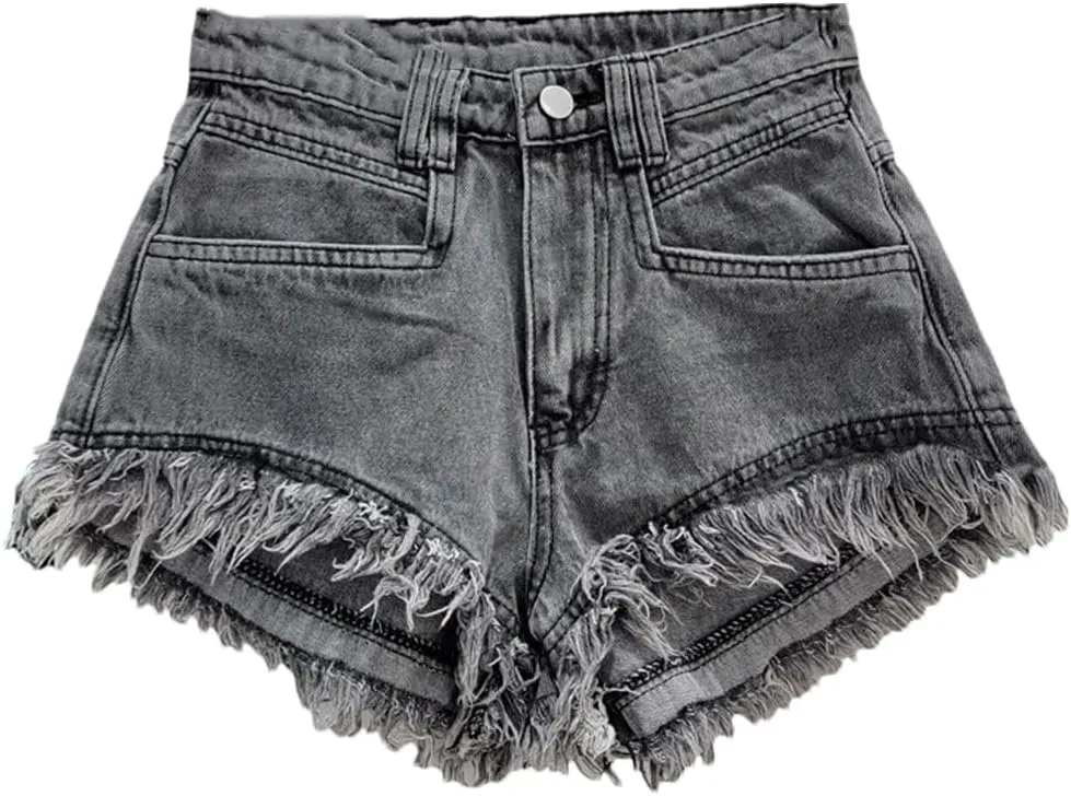 Women Denim Hot Pants Summer All-Match Ins Fashion Wide-Leg Ripped Tassel Shorts