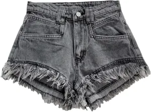 Women Denim Hot Pants Summer All-Match Ins Fashion Wide-Leg Ripped Tassel Shorts
