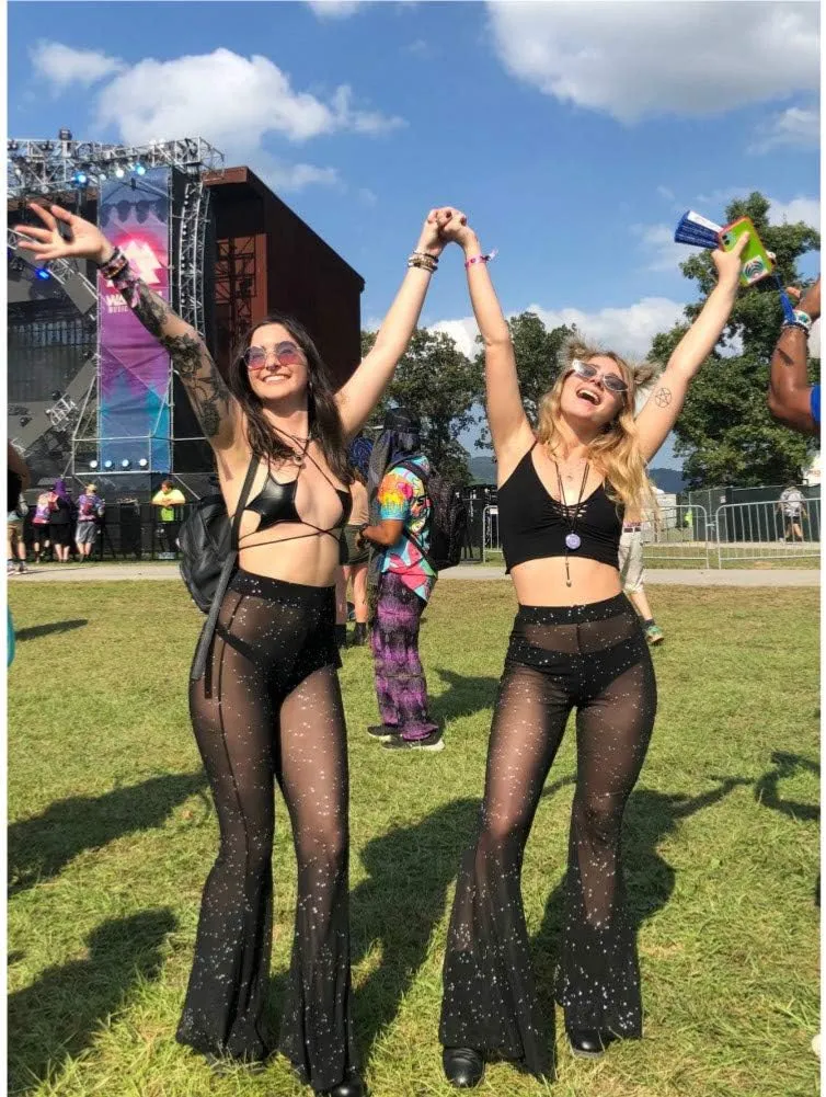 Women Rave Sheer Mesh Shiny Pants Flared High Waist Bell Bottom Pants for Party Dance Festival
