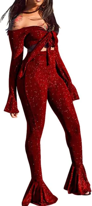 Women Shinny 2 Piece Outfits Off Shoulder Sexy V Neck Crop Top Ruffle Bell Bottom Pant Jumpsuit Sets