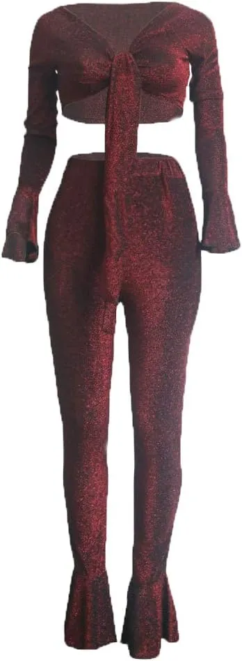 Women Shinny 2 Piece Outfits Off Shoulder Sexy V Neck Crop Top Ruffle Bell Bottom Pant Jumpsuit Sets