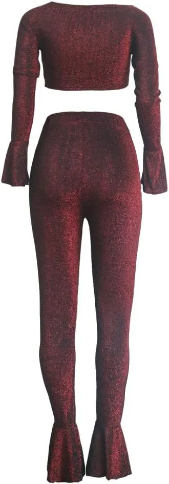 Women Shinny 2 Piece Outfits Off Shoulder Sexy V Neck Crop Top Ruffle Bell Bottom Pant Jumpsuit Sets