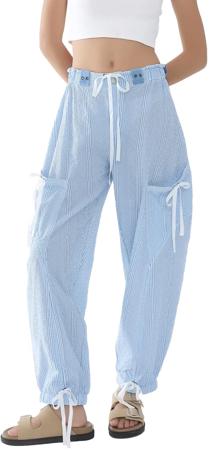 Women Striped Barrel Pants Drawstring Casual Baggy Boyfriend Y2K Streetwear Parachute Pants with Pockets