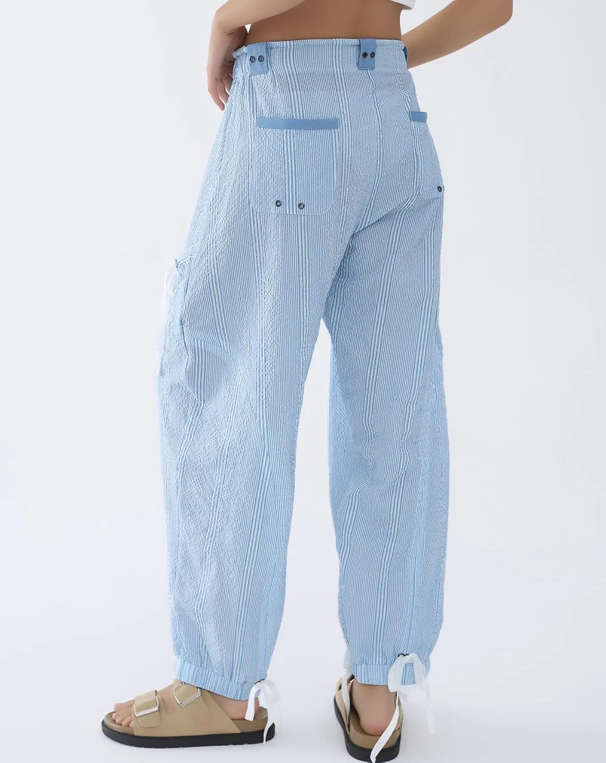 Women Striped Barrel Pants Drawstring Casual Baggy Boyfriend Y2K Streetwear Parachute Pants with Pockets