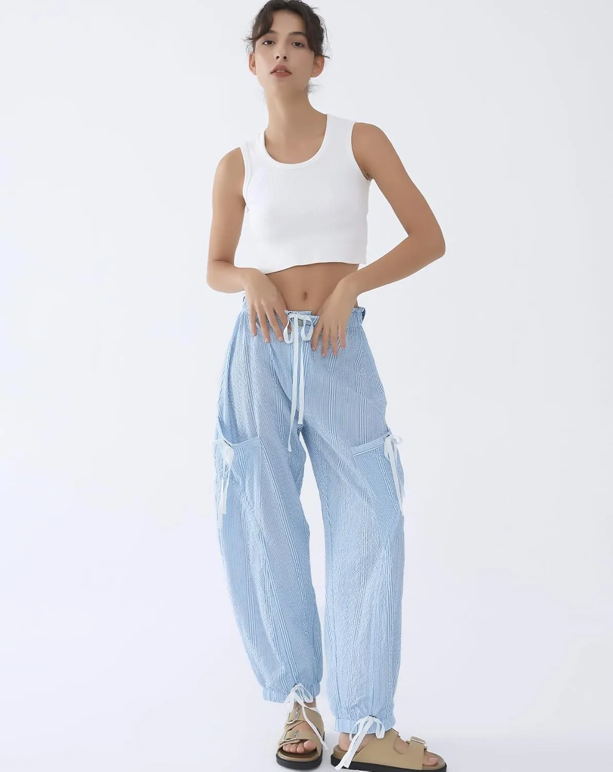Women Striped Barrel Pants Drawstring Casual Baggy Boyfriend Y2K Streetwear Parachute Pants with Pockets