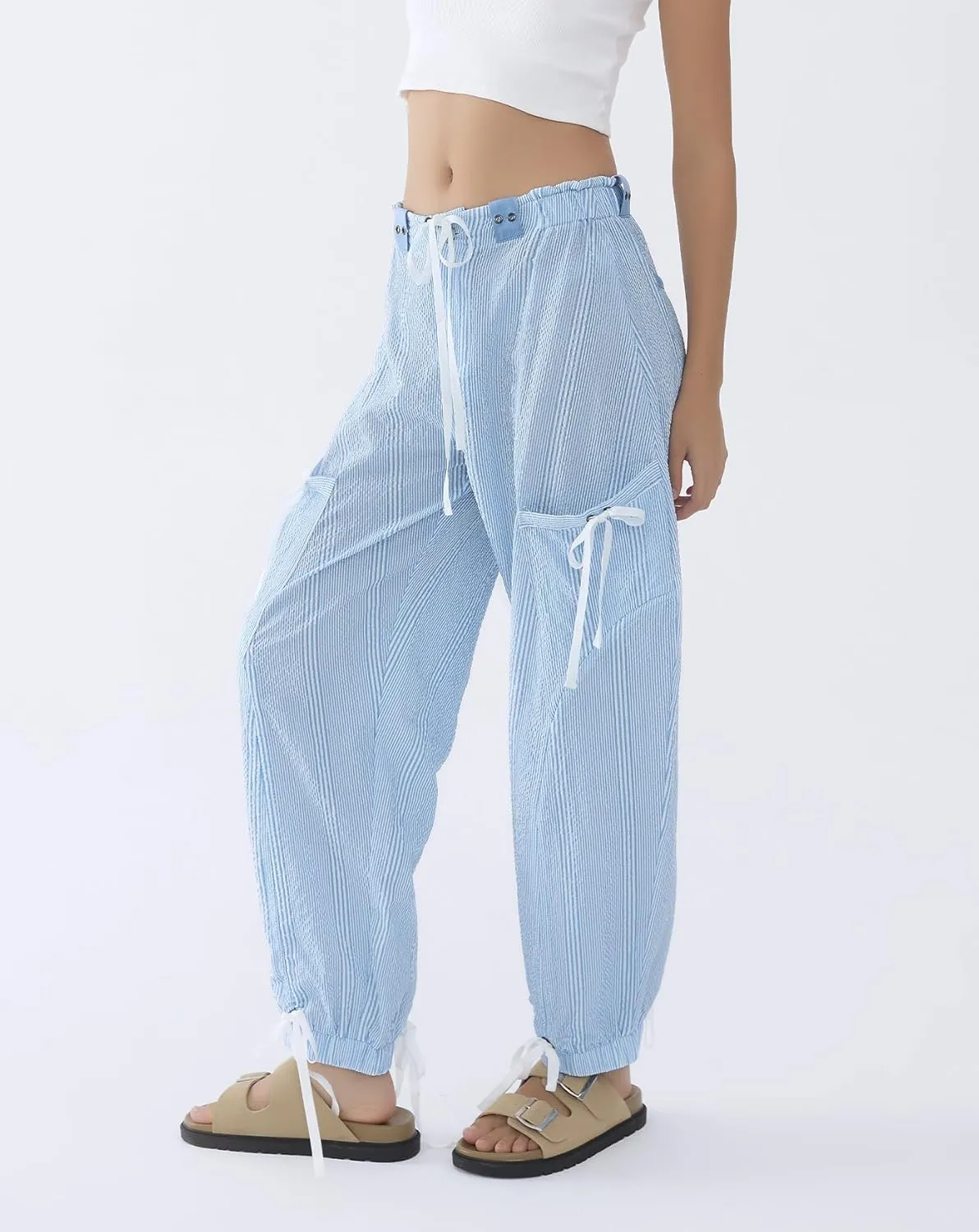 Women Striped Barrel Pants Drawstring Casual Baggy Boyfriend Y2K Streetwear Parachute Pants with Pockets