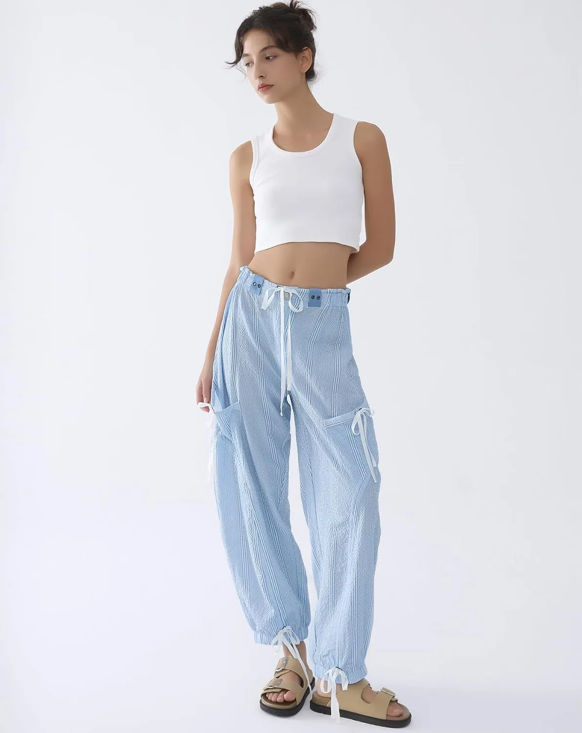 Women Striped Barrel Pants Drawstring Casual Baggy Boyfriend Y2K Streetwear Parachute Pants with Pockets