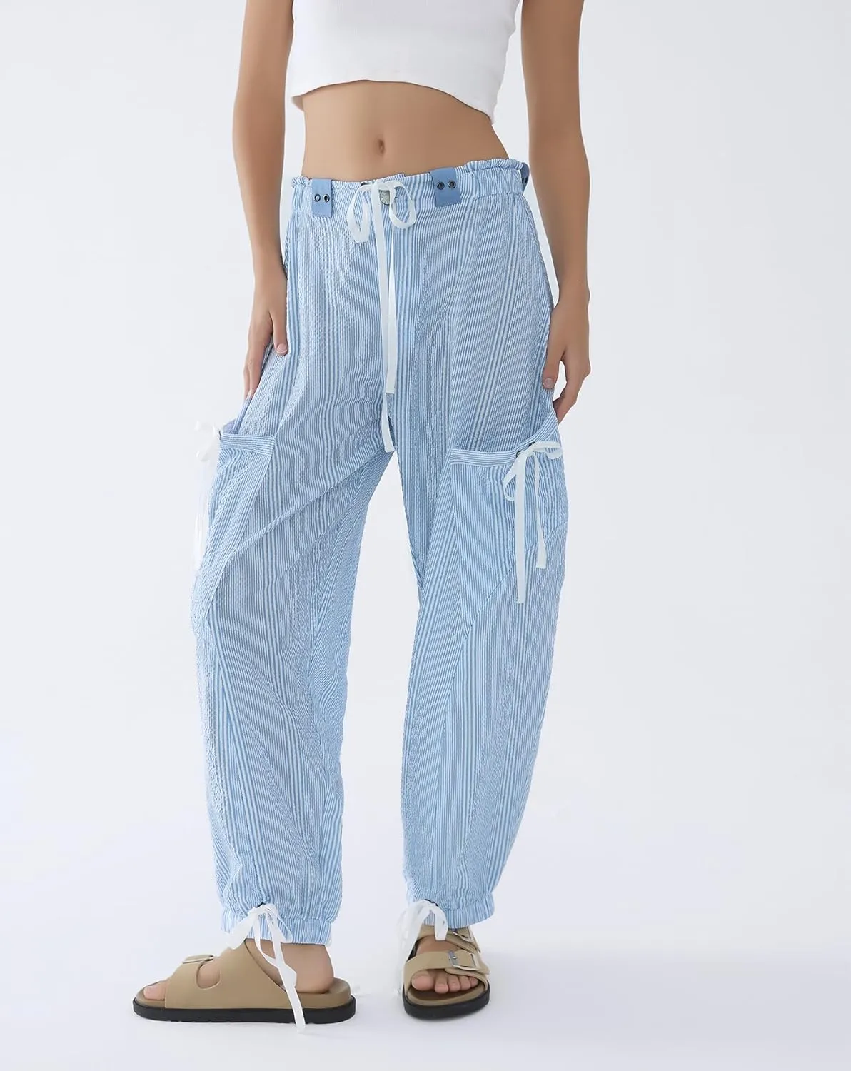 Women Striped Barrel Pants Drawstring Casual Baggy Boyfriend Y2K Streetwear Parachute Pants with Pockets