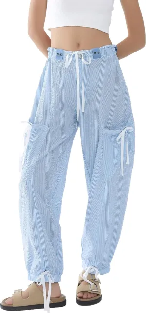 Women Striped Barrel Pants Drawstring Casual Baggy Boyfriend Y2K Streetwear Parachute Pants with Pockets