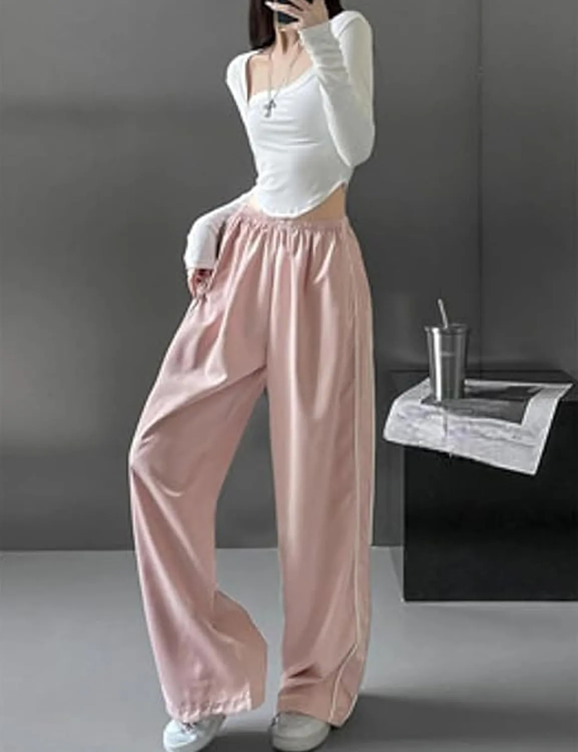 Women Y2K Baggy Pants Wide Leg Parachute Casual Sweatpants Track Pants with Pockets