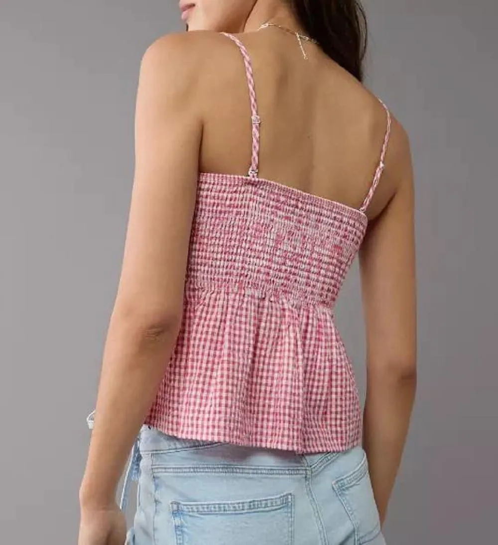 Women Y2K Gingham Tank Top Plaid Spaghetti Strap Peplum Camisole Square Neck Smocked Babydoll Cami Tops