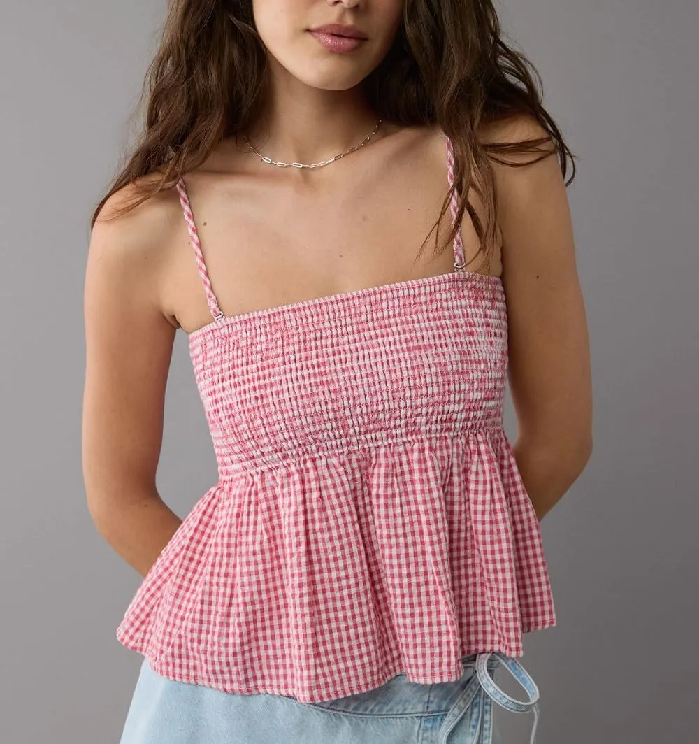 Women Y2K Gingham Tank Top Plaid Spaghetti Strap Peplum Camisole Square Neck Smocked Babydoll Cami Tops