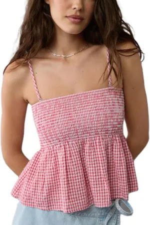 Women Y2K Gingham Tank Top Plaid Spaghetti Strap Peplum Camisole Square Neck Smocked Babydoll Cami Tops