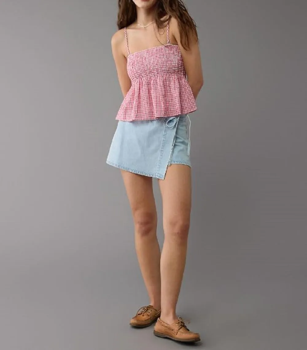 Women Y2K Gingham Tank Top Plaid Spaghetti Strap Peplum Camisole Square Neck Smocked Babydoll Cami Tops