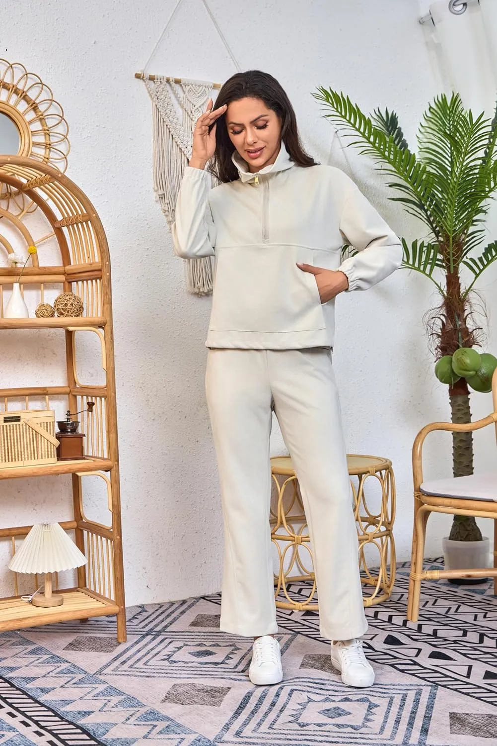 Womens 2 Piece Sets Travel Outfits Half Zip Sweatshirt And Wide Leg Sweatpant Airport Outfits for Women 2025