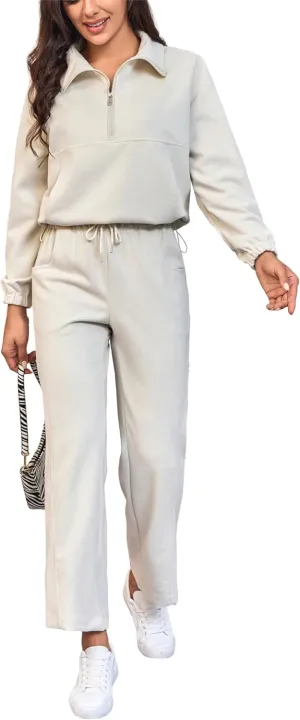 Womens 2 Piece Sets Travel Outfits Half Zip Sweatshirt And Wide Leg Sweatpant Airport Outfits for Women 2025