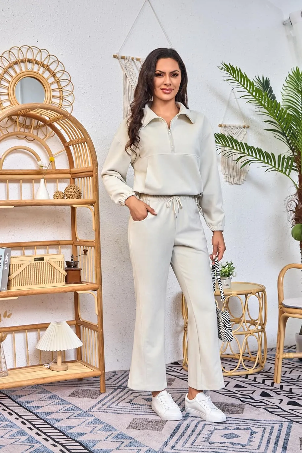 Womens 2 Piece Sets Travel Outfits Half Zip Sweatshirt And Wide Leg Sweatpant Airport Outfits for Women 2025
