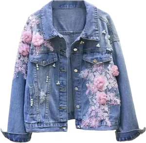 Women's Autumn Floral Embroidered Beaded Pearl Ripped Denim Bomber Jacket