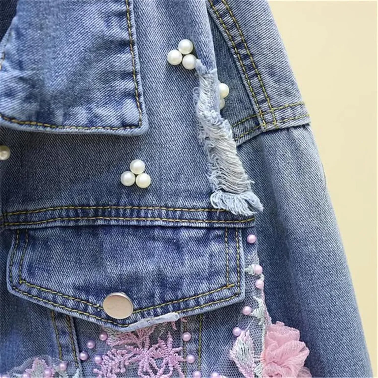 Women's Autumn Floral Embroidered Beaded Pearl Ripped Denim Bomber Jacket