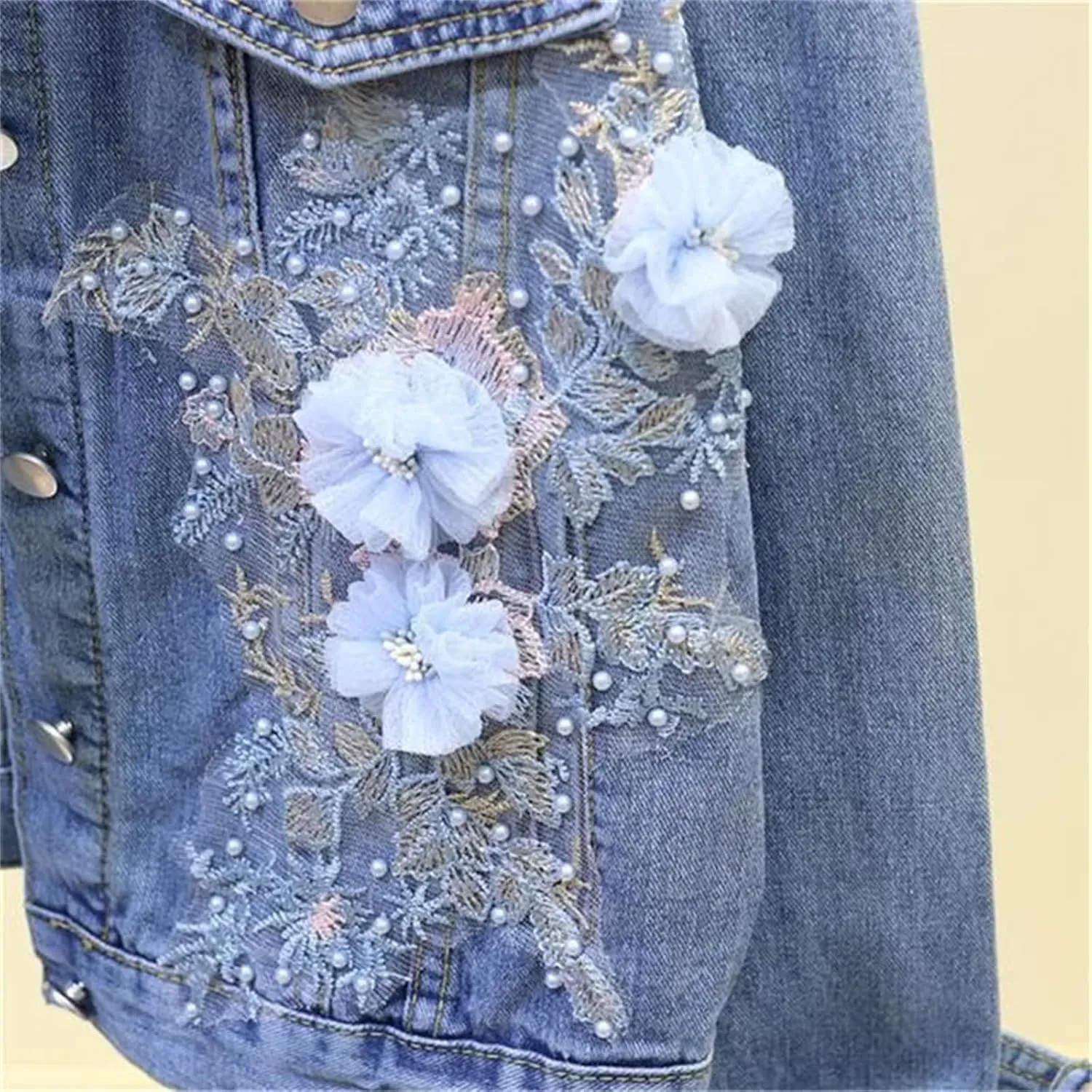 Women's Autumn Floral Embroidered Beaded Pearl Ripped Denim Bomber Jacket