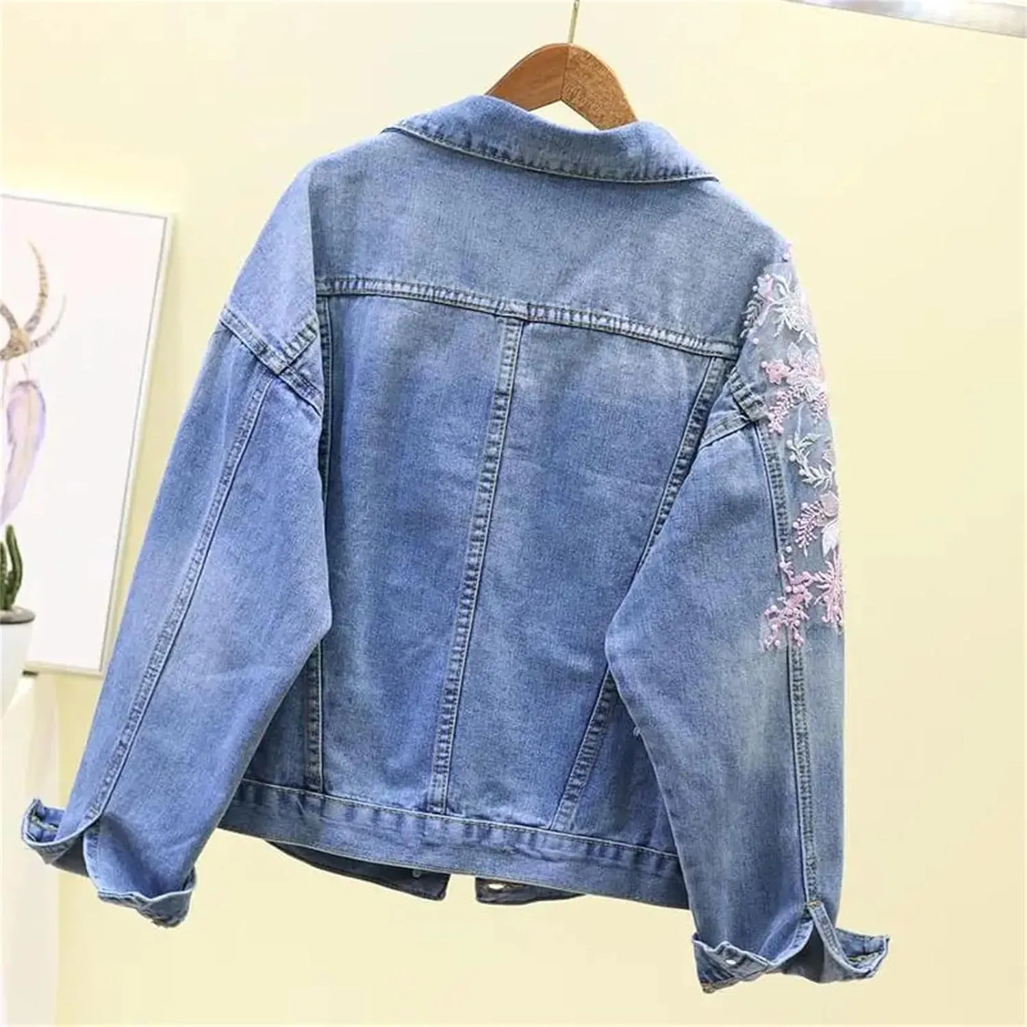 Women's Autumn Floral Embroidered Beaded Pearl Ripped Denim Bomber Jacket