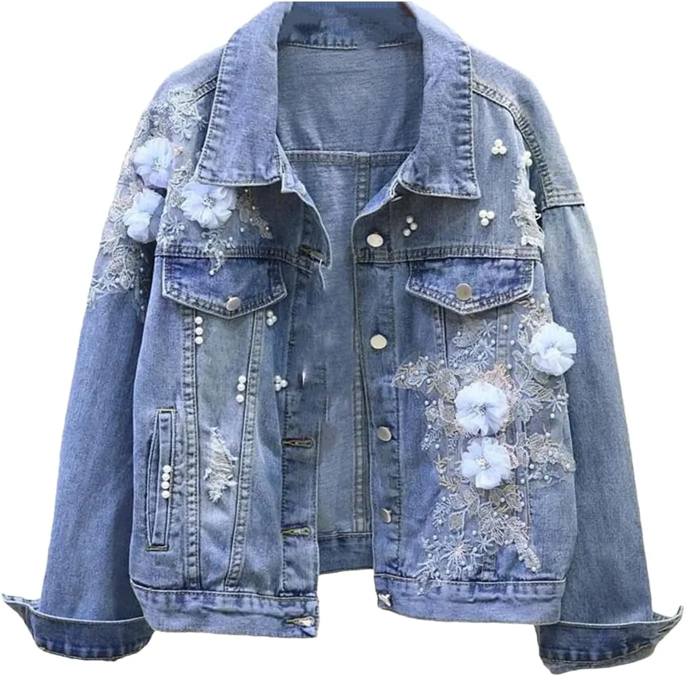 Women's Autumn Floral Embroidered Beaded Pearl Ripped Denim Bomber Jacket