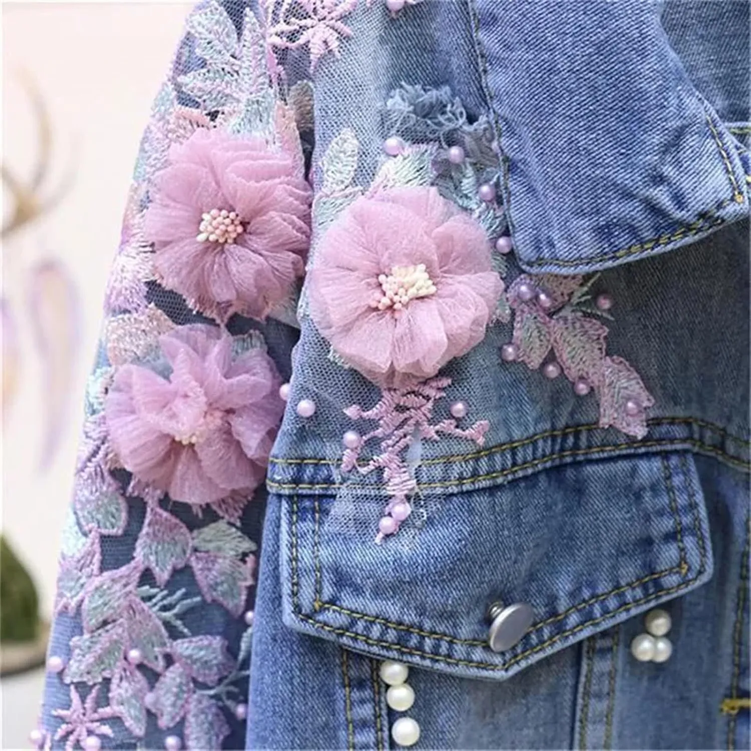 Women's Autumn Floral Embroidered Beaded Pearl Ripped Denim Bomber Jacket