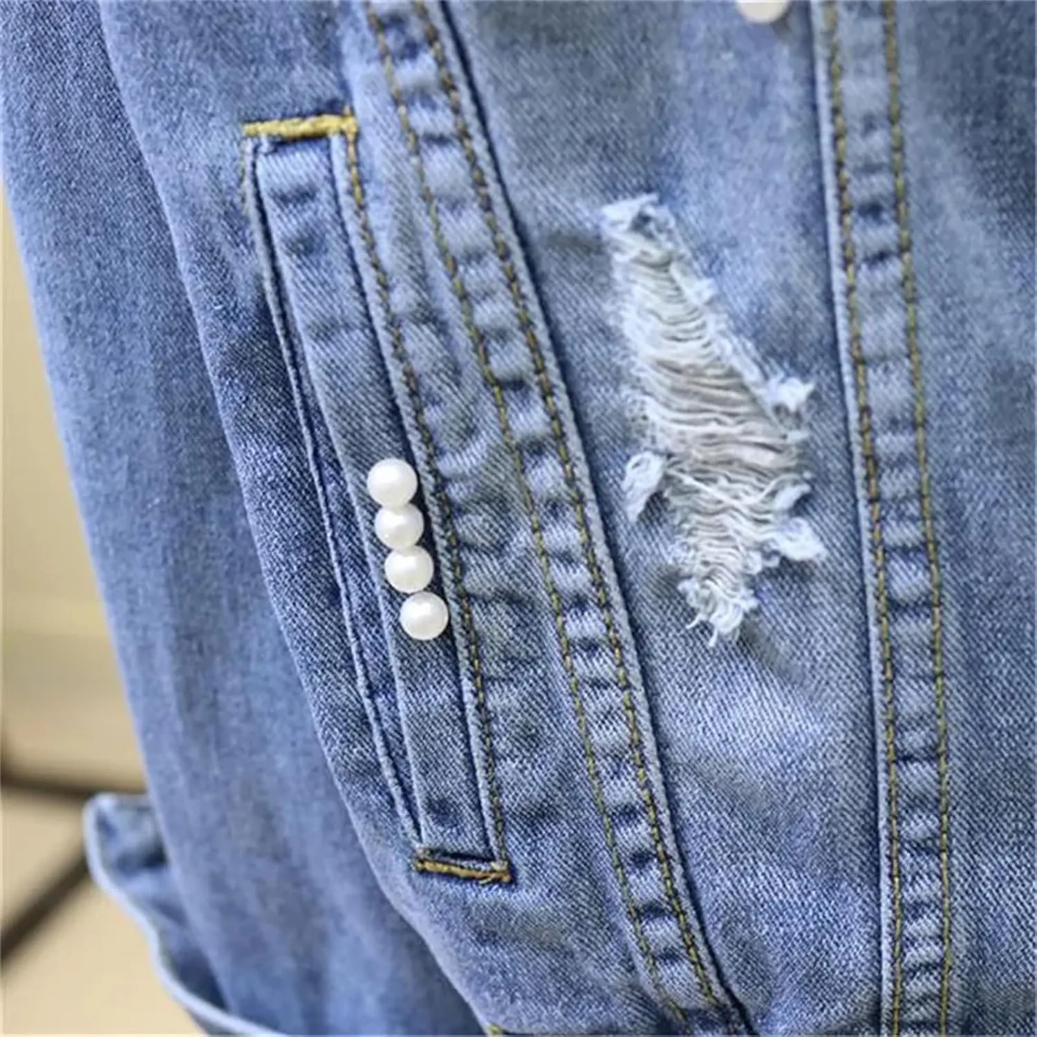 Women's Autumn Floral Embroidered Beaded Pearl Ripped Denim Bomber Jacket