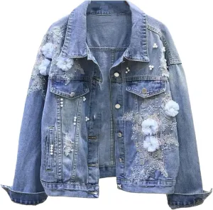 Women's Autumn Floral Embroidered Beaded Pearl Ripped Denim Bomber Jacket