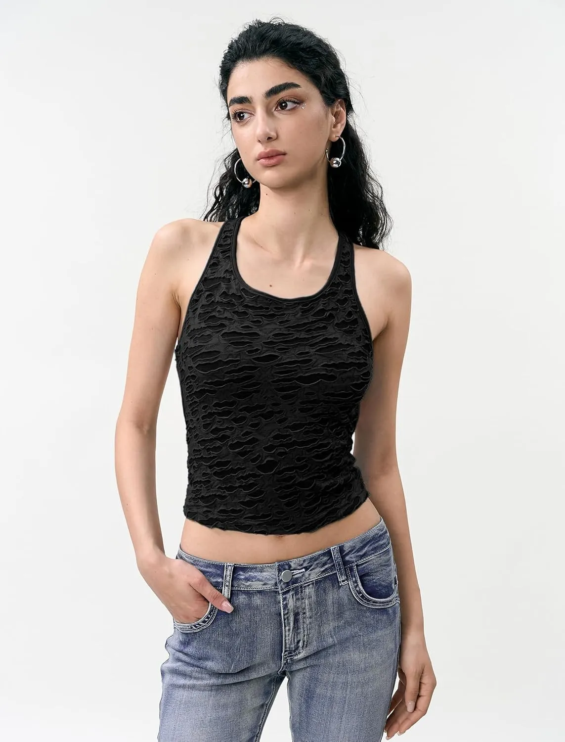 Women's Black Lace Crop Tank Top Sexy Racerback Sleeveless Shirt for Casual Streetwear and Party Outfits