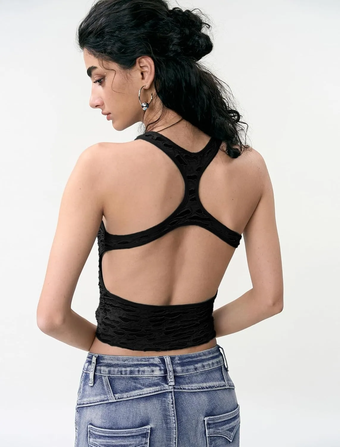 Women's Black Lace Crop Tank Top Sexy Racerback Sleeveless Shirt for Casual Streetwear and Party Outfits
